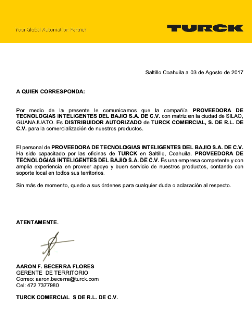 CARTA DISTRIBUIDOR OFICIAL TURCK